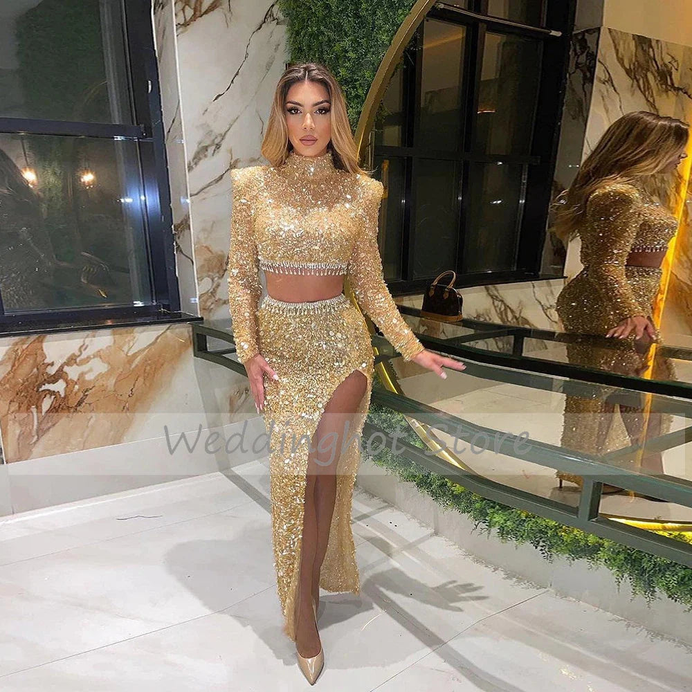 Sparkly Sequin Prom Dresses 2023 Long Sleeves High Collar Women's  Gown Luxury Beading Glitter Sexy Mermaid Party