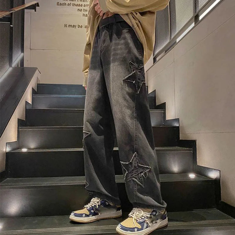 Xpqbb Y2K Vintage Streetwear Jeans Women Harajuku Star Aesthetic Wide Leg Denim Trousers High Waist Unisex Couple Straight Pants