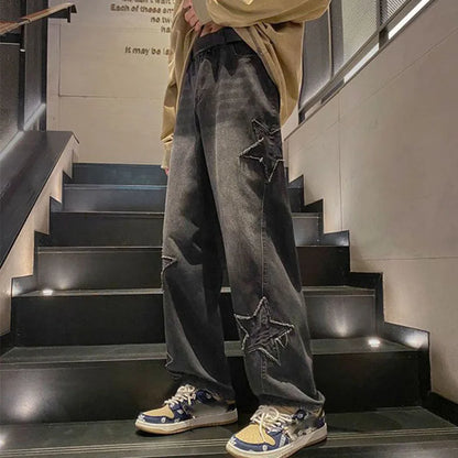 Xpqbb Y2K Vintage Streetwear Jeans Women Harajuku Star Aesthetic Wide Leg Denim Trousers High Waist Unisex Couple Straight Pants