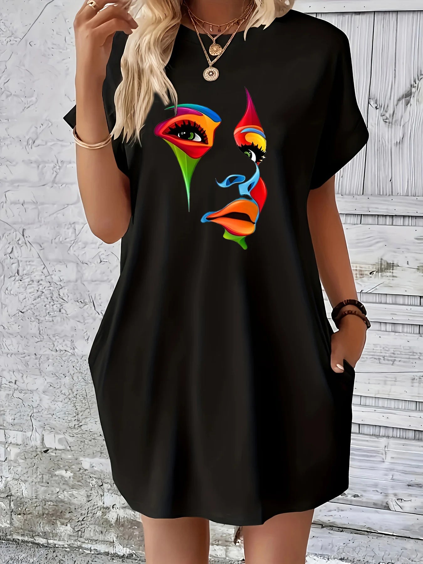 Women's Summer Loose Abstract Face Print Round Neck Short Sleeve Pocket Comfortable Casual Plus Size Dress