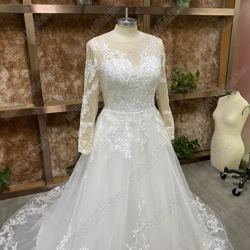 RODDRSYA Elegant O-Neck Wedding Dress Lace Up A-Line Applique Tulle Long Sleeves Beach Bride Gowns vestidos de novia Customized