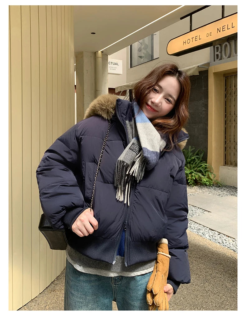 Casual Warm Fur Hooded Cropped Parkas Chic Streetwear Korean Style Down Cotton Coat Thicken Short Women's Winter 2025 Jacket