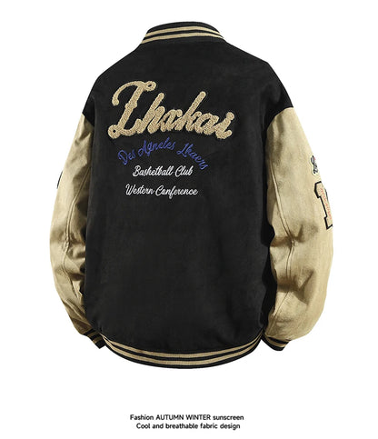 Hip Hop Men's Suede Embroidered Varsity Jacket Color Block Letter Graphic Long Sleeve Baseball Jacket Bomber Coat