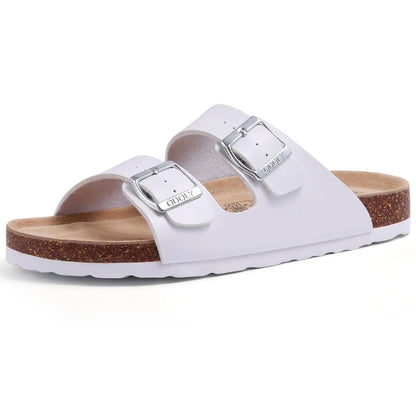 Comwarm Fashion Men Leather Sandals Summer Cork Footbed Slide Sandals Beach Sandals Unisex Brand Sandals with Adjustable Buckle