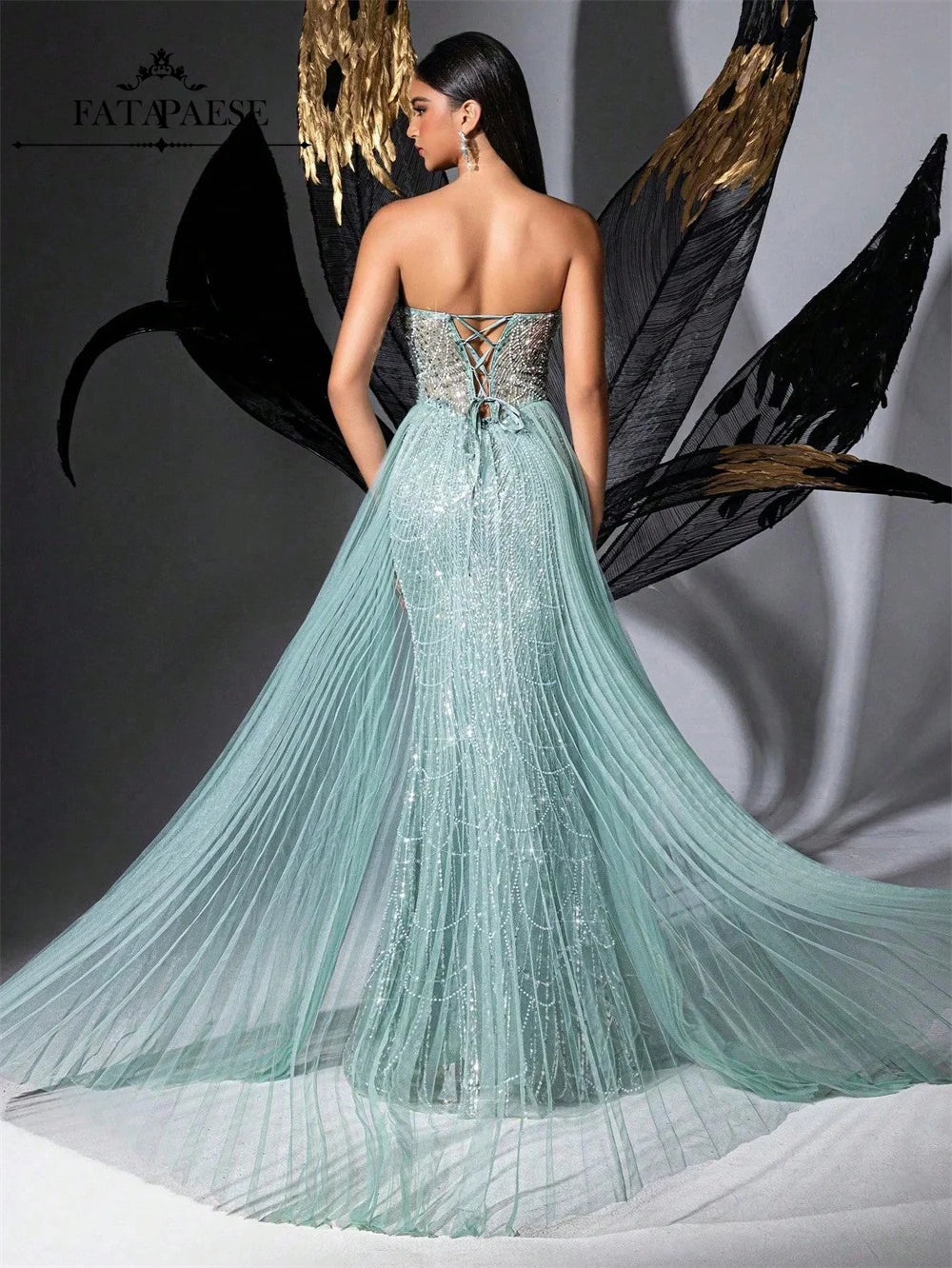 FATAPAESE Glamour Sequin Pearls Luxury Evening Dresses Sexy Tulle Train Party Dress for Wedding Charity Prom Award Ceremony