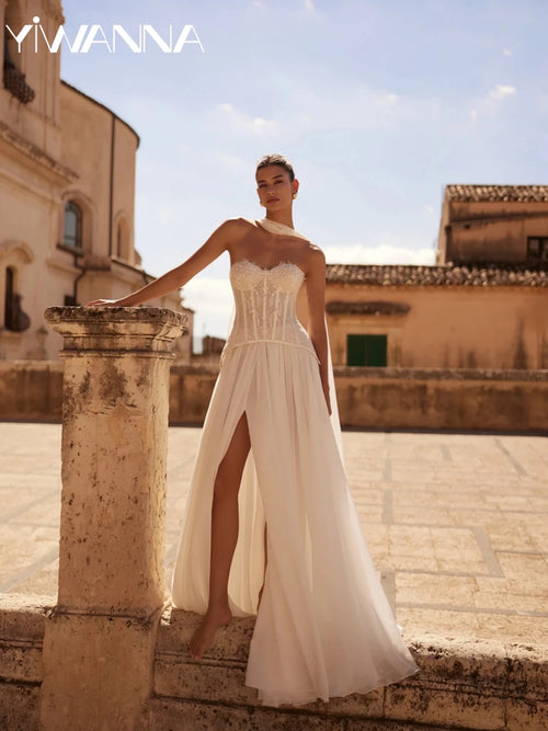 With Corset Beaded Lace Long Wedding Dress Romantic Sweetheart Neck Bridal Gown Customized Sexy High Slit Dresses For Bride