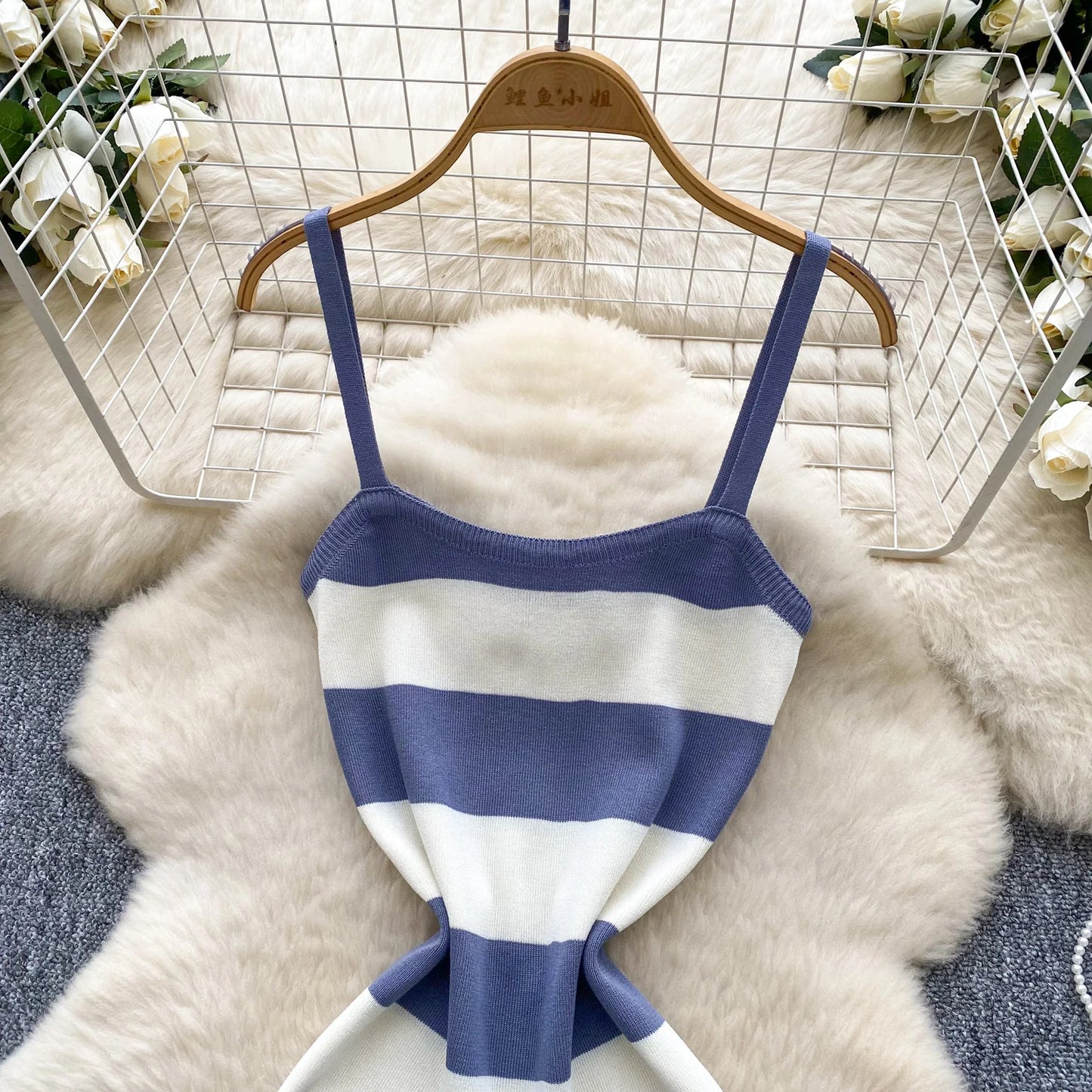 Lady New Stripes Ins Fashion Sexy Package Hips Bodycon Dress  Summer Knitted Spaghetti Straps Outfits Maxi Long Women Dress