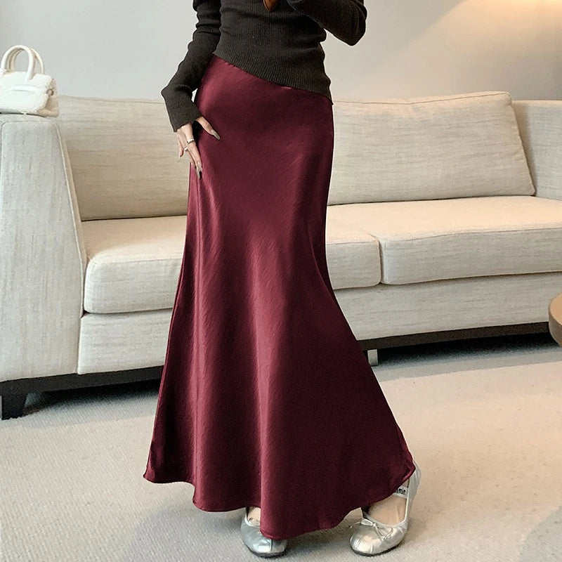 High Waist Elegant Satin Women's Mermaid Long Skirts 2026 New Autumn Solid Slim Korean A-line Wrap Fishtail Skirts Female
