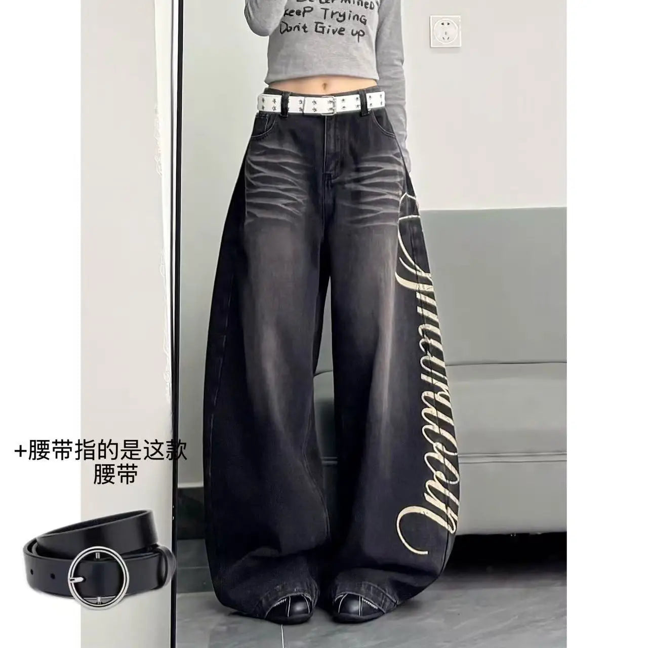 American New Fashion Oversized Letter Printing Black Washed Jeans Ladies Y2K Popular Casual Joker Loose Wide-leg Mop Pants
