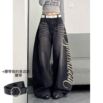 American New Fashion Oversized Letter Printing Black Washed Jeans Ladies Y2K Popular Casual Joker Loose Wide-leg Mop Pants