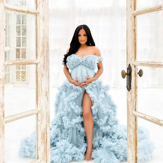 Sexy Maternity Star Dresses Ruffles Tulle Pregnant Photo Gowns for Photoshoot Baby Shower 3D Floral Off the Shoulder Robes
