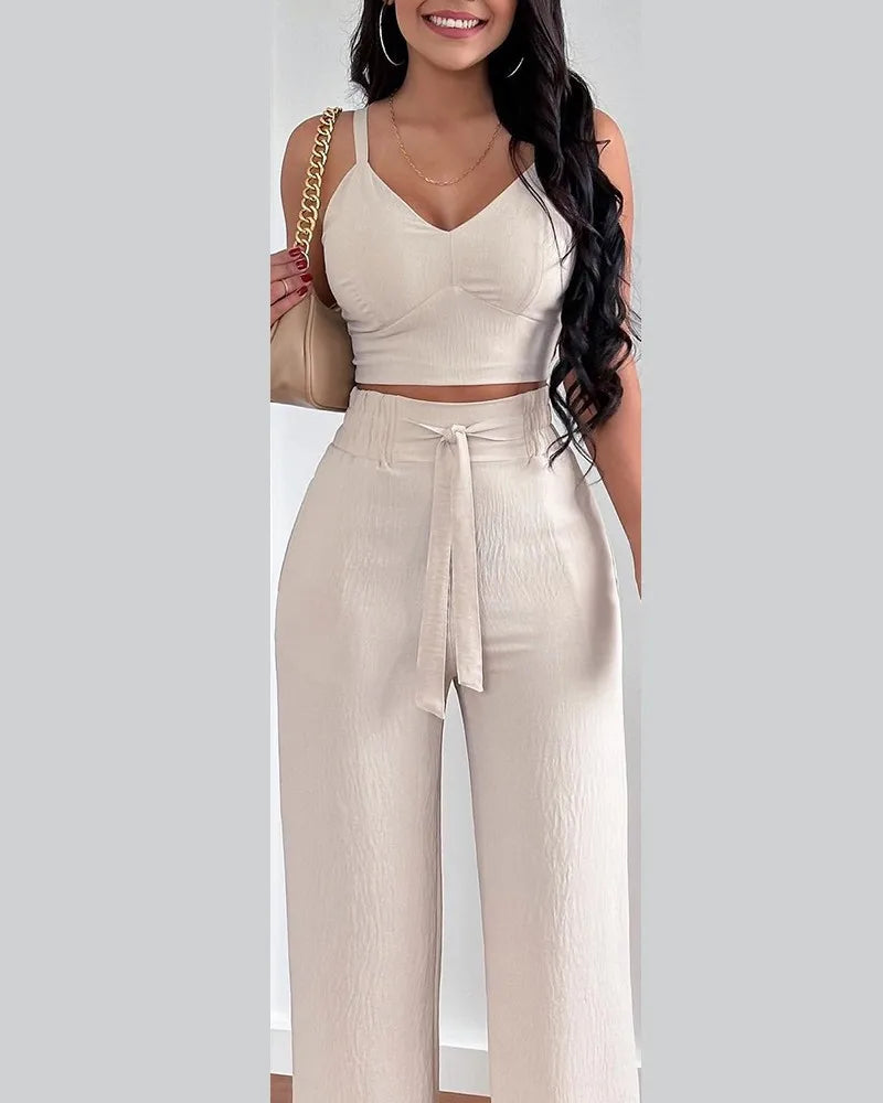 2 Piece Outfits For Women 2025 Sexy V-Neck Strap Shirred Slim Crop Top & Lace-up Wide Leg Pants Sets Elegant Office Lady Suit