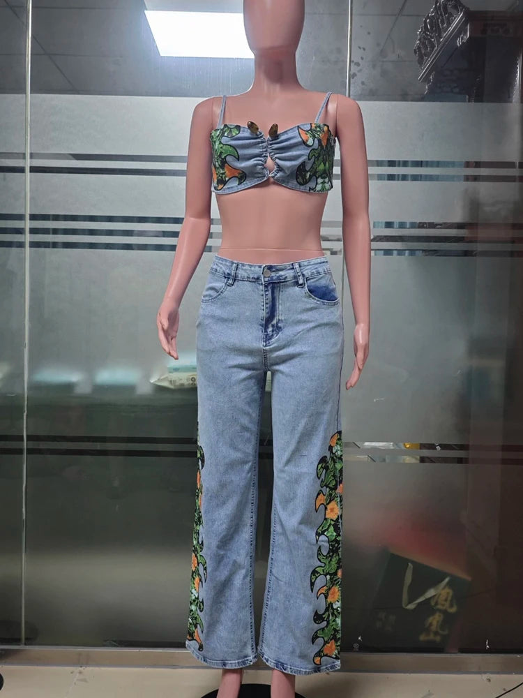 Sexy Denim Woman Fashion Floral Printed and Wide Leg Jeans Pants 2026 Street Wear