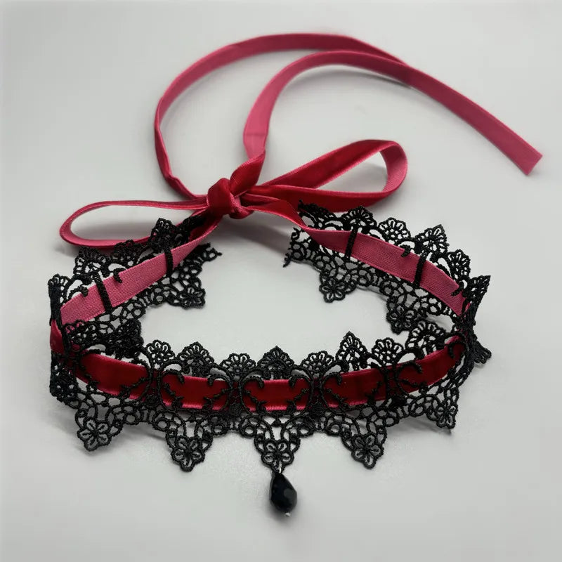 2025 New Sexy Lace Flower Necklace for Women Gothic Punk Velvet Collar Choker Black Waterdrop Pendent Necklace Strap Bow Jewelry
