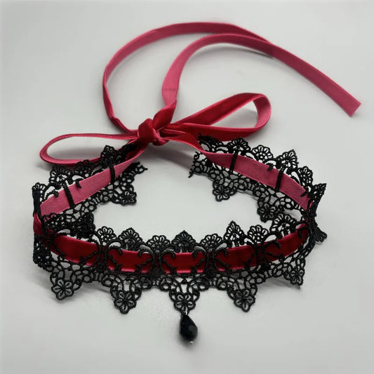 2025 New Sexy Lace Flower Necklace for Women Gothic Punk Velvet Collar Choker Black Waterdrop Pendent Necklace Strap Bow Jewelry