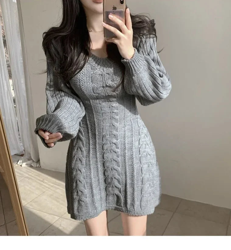 Korean Chic Autumn Gentle V-neck Linen Pattern Design Slimming Long Sleeve A- line Knitted Dress High Collar Ankle-length Dress