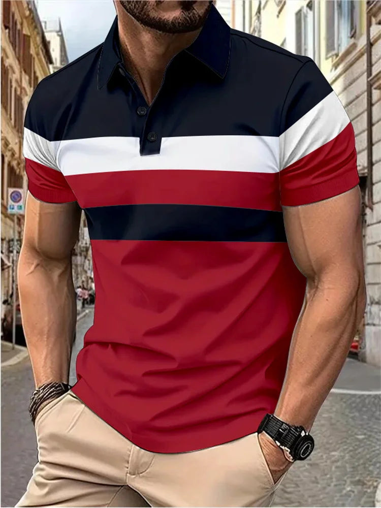 Men's Casual Polo Shirt Fashion Stitching Line Design Slight Stretch Comfortable Fabric Plus Size Men's Lapel Short Sleeves Top