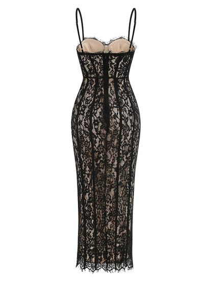 Sexy Spaghetti Strap V Neck Lace Long Dress Women Black Floral Lace Sleeveless Bodycon Dresses Elegant Evening Celebrity Party