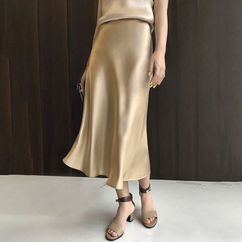 Women's Satin Skirt High Waist Elegant Midi A-line Skirt Lady's Summer Solid Champagne Vintage Silk Long Skirts for Women 2026