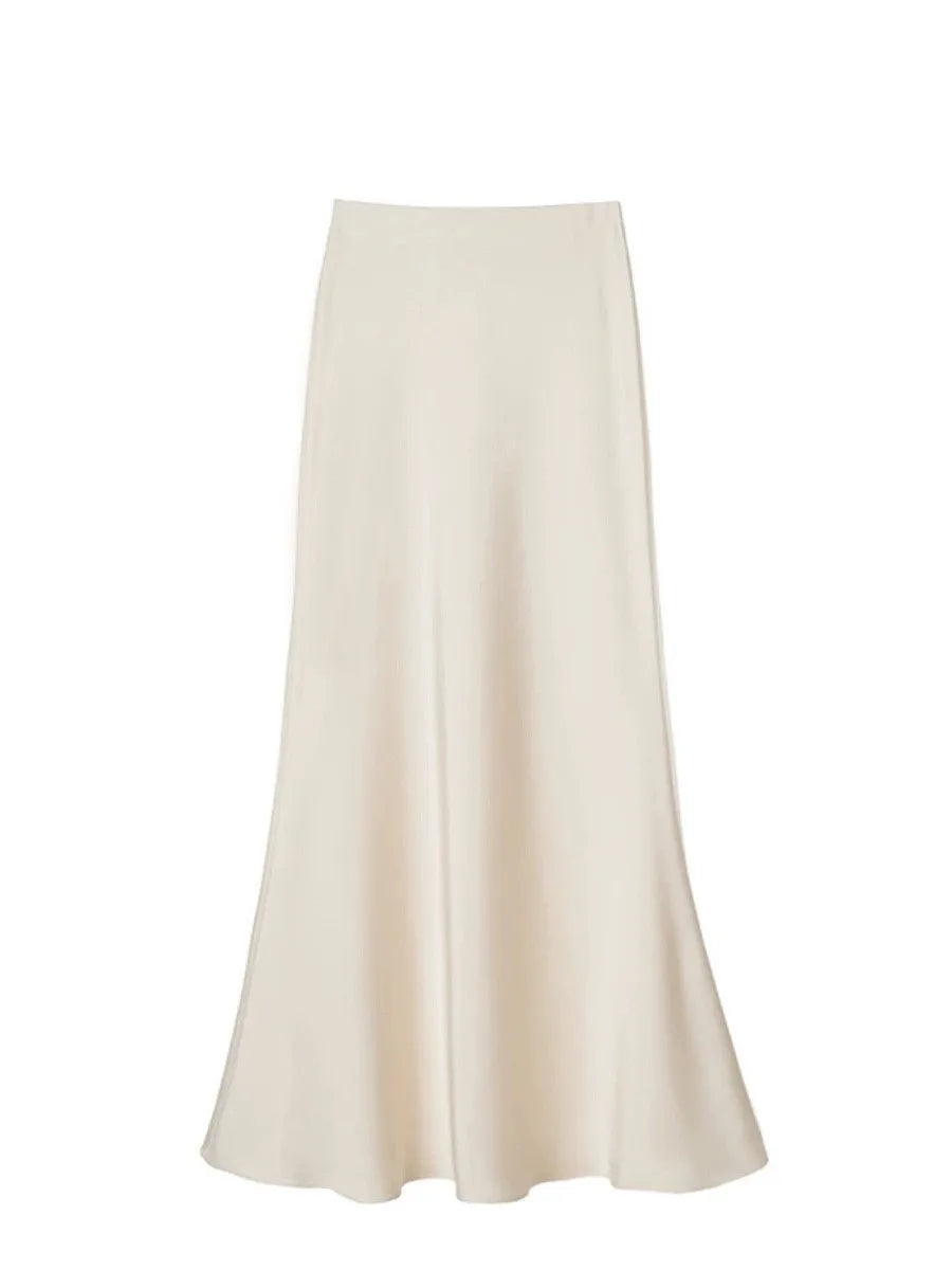 Women's Spring Autumn Satin Skirt - High-Waisted Flowy Bodycon Fishtail A-Line Midi Skirt
