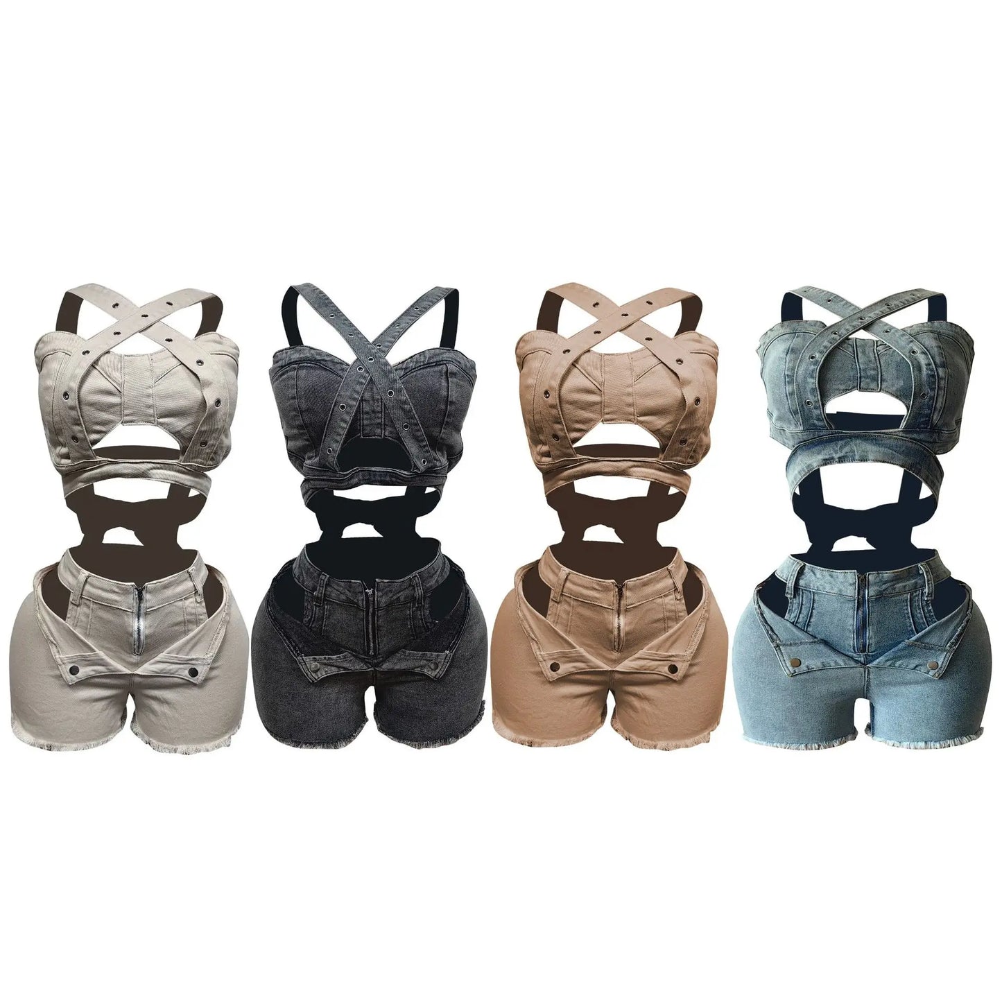 2 Piece Sets Women Denim Shorts Suit Sexy Vest Top Strap Backless Jeans Short Pants Pockets Outfits 2025/2026 Streetwear Ensemble