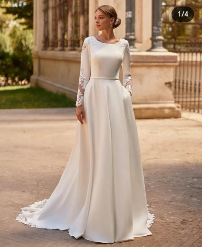 Customized Elegant Women Wedding Dresses Long Sleeves Buttons Robe De Marie Stunning With Pocket Lace Appliqués Bride's Dress