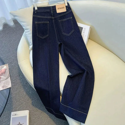 Female Trousers Women Button Zipper Closure Pockets Cozy Lady Pants Stylish Navy Blue Denim High Waisted Wide Leg Casual Jeans