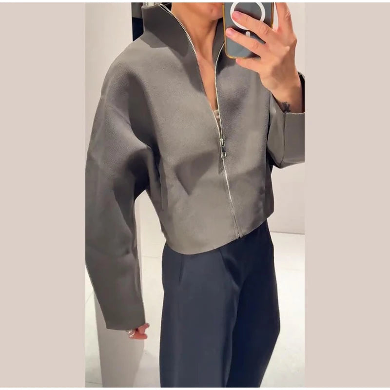 Woolen Zipper Loose Short Jacket Women Long Sleeve Lapel Solid 2025 Autumn Winter Commute Coat Street Office Warm Ladies Outwear