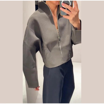 Woolen Zipper Loose Short Jacket Women Long Sleeve Lapel Solid 2025 Autumn Winter Commute Coat Street Office Warm Ladies Outwear