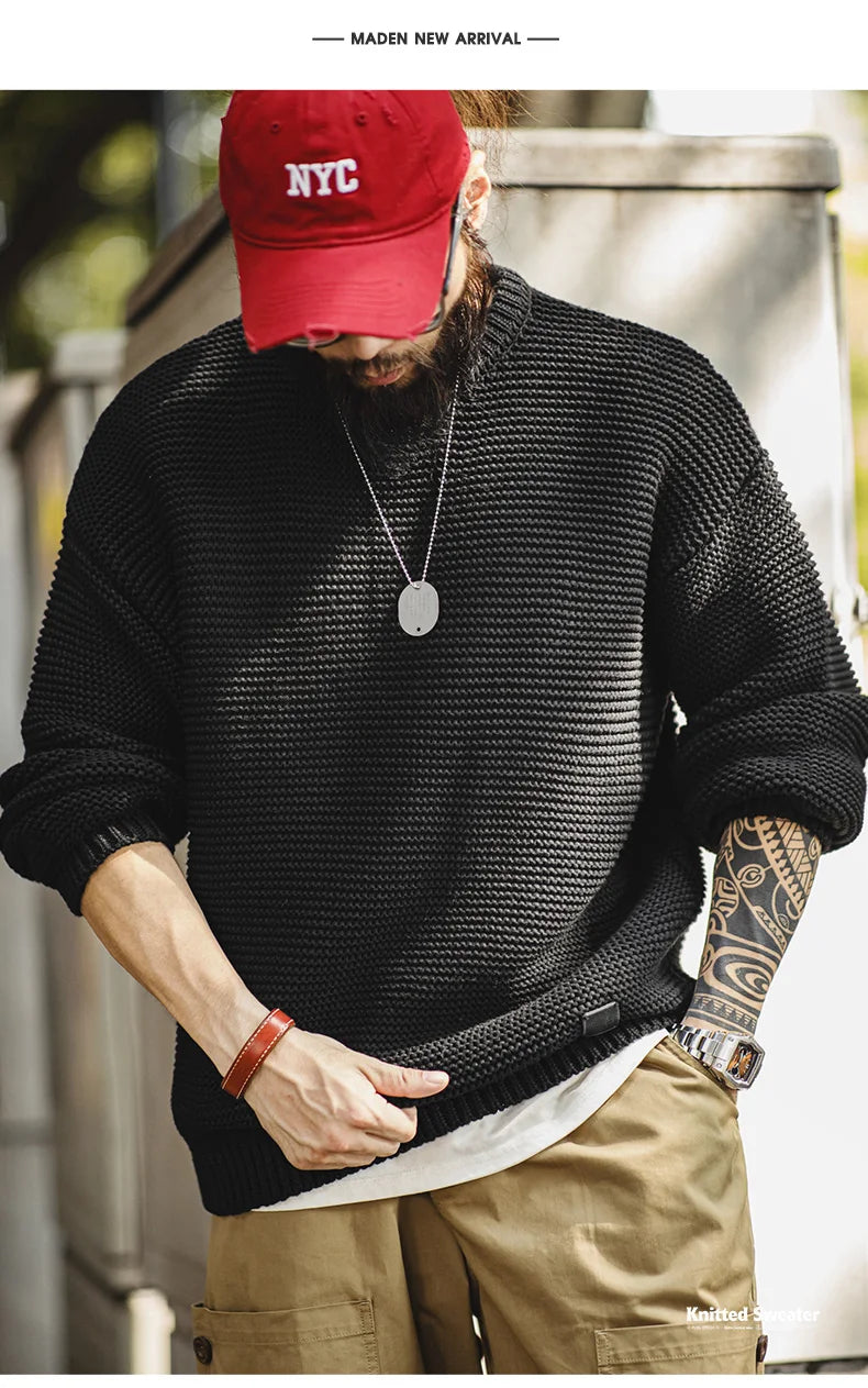 Maden Retro Heavyweight Knitted Sweater Loose Round Neck Pullover Warm Versatile Base Layer Knitwear for Men's Autumn and Winter