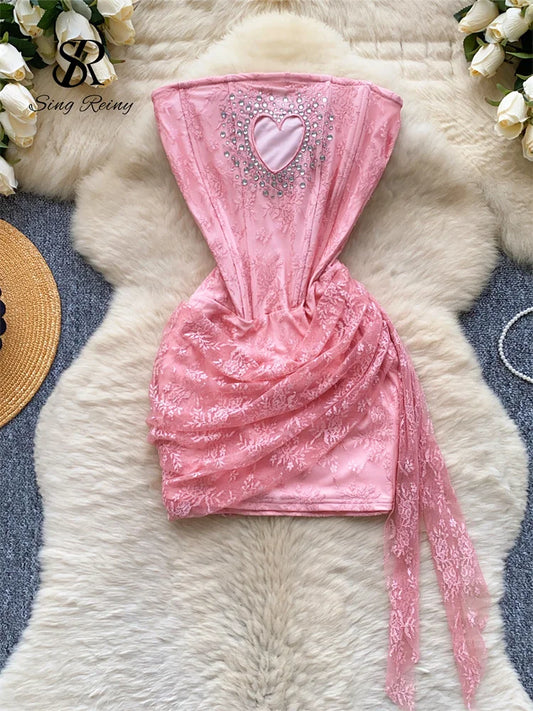 SINGREINY French Strapless Sexy Short Dress 2025 Heart Hollow Out Beading Sundress Backless Corset Lace Beach Mini Dress