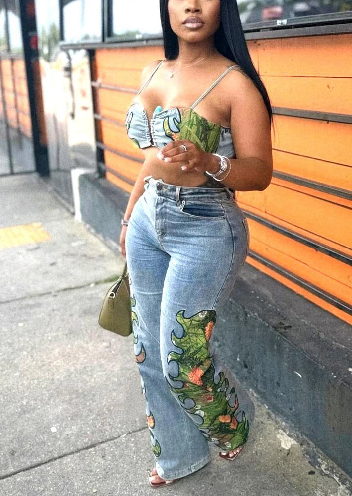 Sexy Denim Woman Fashion Floral Printed and Wide Leg Jeans Pants 2026 Street Wear