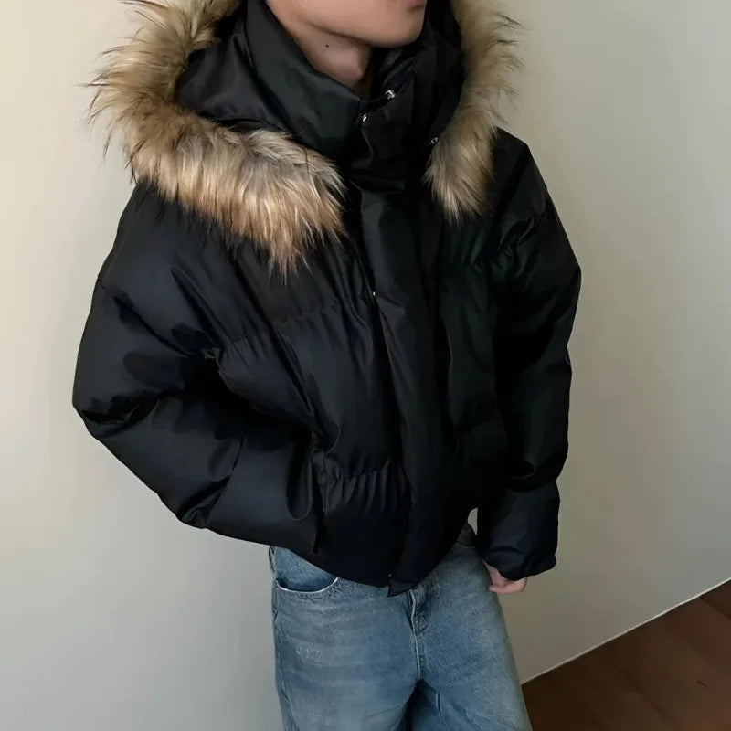 2024 American New Fashion Solid Color Fur Collar Hooded Cotton-padded Jacket Women Y2K Harajuku Gothic Hip-hop Pop Jacket Coat