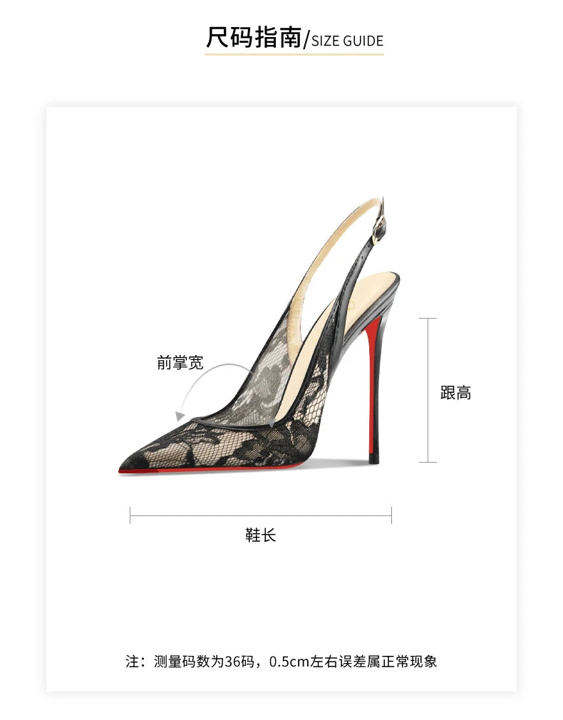 Black lace high-heeled sandals with pointed toes, thin heels, and shallow mouth, comfortable to wear with just one foot