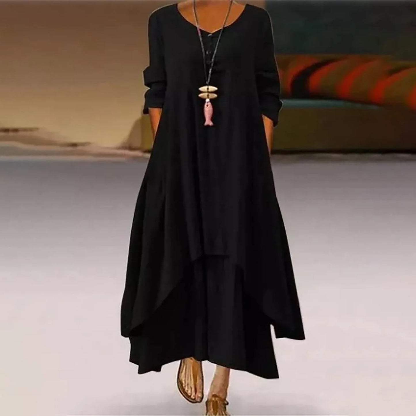 Women Elegant Linen Ginger Dresses Bohemia Layering Vintage Robe Long Sleeve Loose Long Dress Female Autumn Vestidos