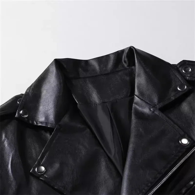 2025 New Men Solid Color Imitation Leather Jacket Red Fashion Homme Oblique Zipper Biker Coats Male Bar KTV Casual Top