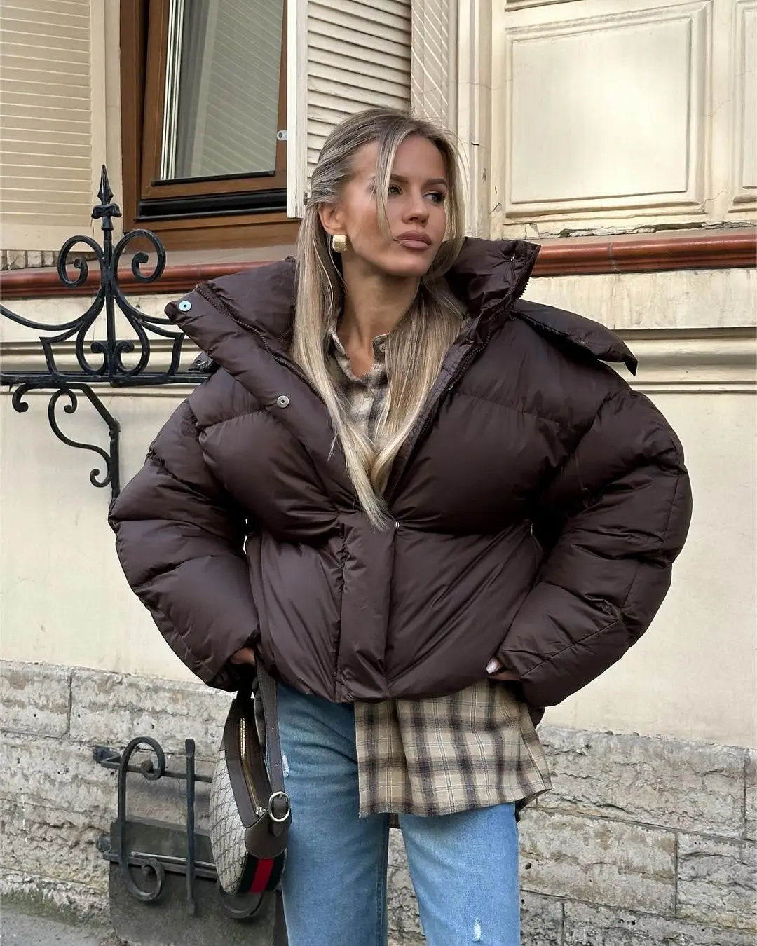 Women Brown Hooded Cotton Coat Fashion Lapel Full Sleeve Zipper Button Warm Loose Short Coats Lady Winter Casual Street Outwear