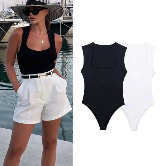MUJER Woman Black Body Sleeveless Bodysuit Women Square Neck Sexy Lingerie For Women Body Wide Straps Bodycon Summer 2025 Tops