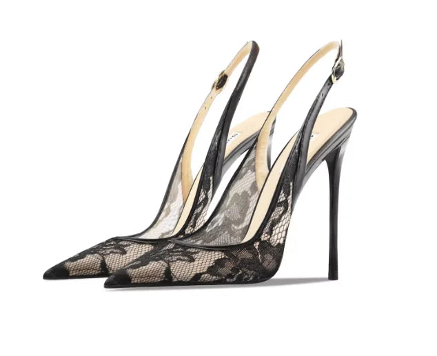 Black lace high-heeled sandals with pointed toes, thin heels, and shallow mouth, comfortable to wear with just one foot