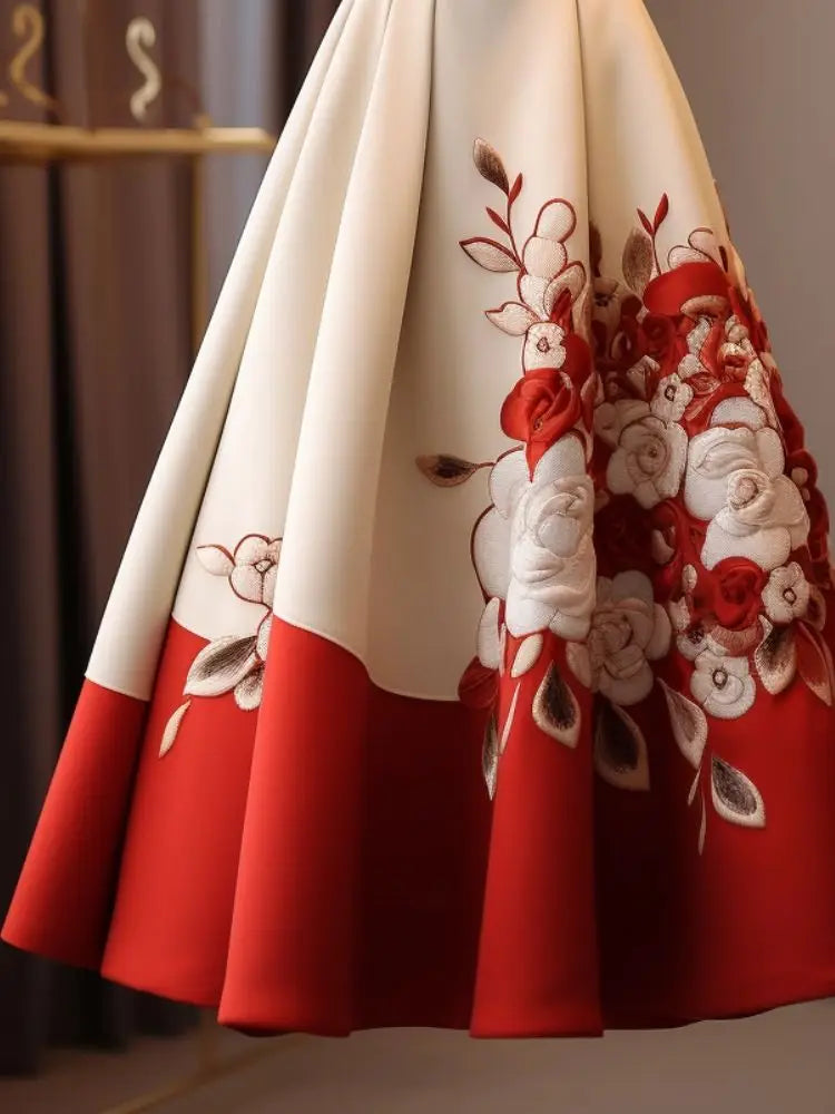 Vintage Red Flower Print Skirt for Women Y2k Slim Waist Mid-length Loose Faldas Mujer 2026 Spring New Skirt for Women