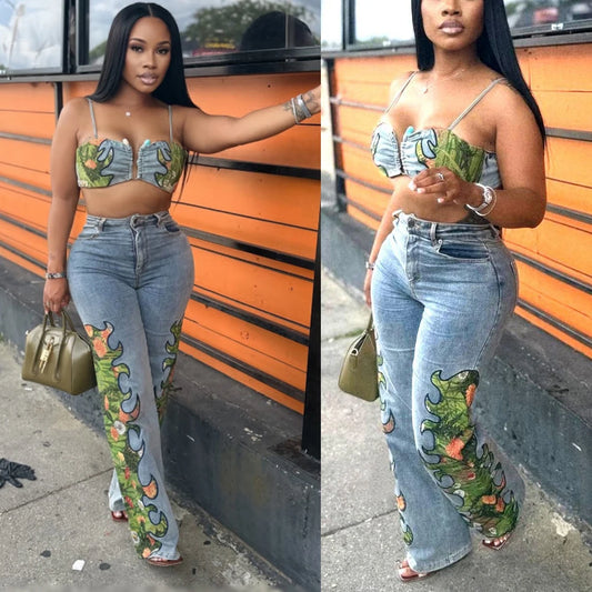 Sexy Denim Woman Fashion Floral Printed and Wide Leg Jeans Pants 2026 Street Wear