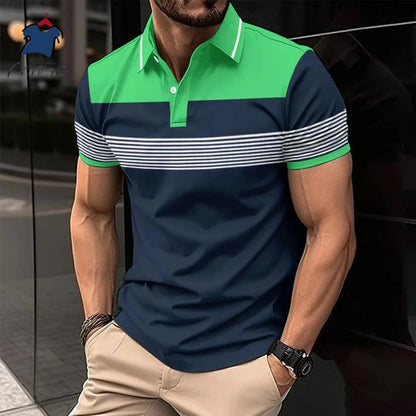 New Summer Striped Patchwork Striped Men's Polo T-shirt Fashion Lapel Button Sports Trend Street Wear Short Sleeve Top Men Shirt