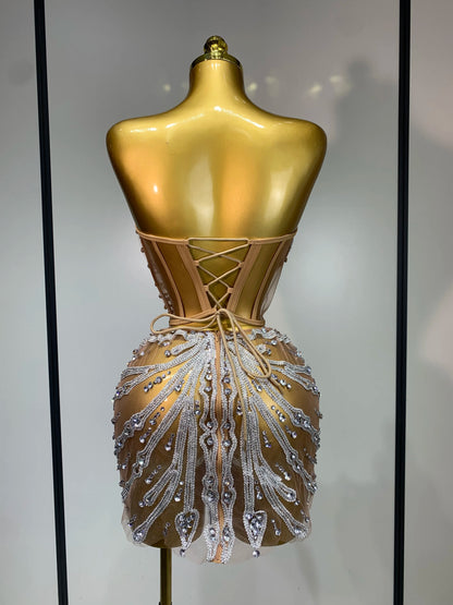 Women Sexy Strapless Rhinestones  Mini Dress Performance Costume See Through Stage Dancer Club Evening Party Birthday Dress