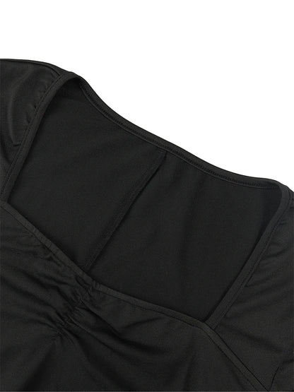 Solid Colour Square Neck Mini Dress Trimmed with Bow and Ruffle Solid Colour Pullover Dress Best for Spring/Summer