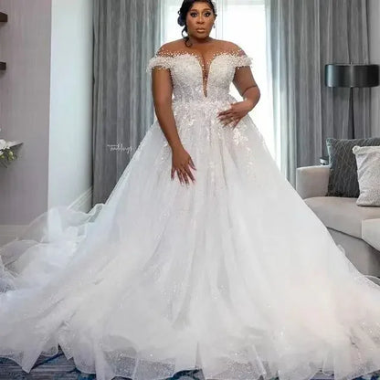 Customized Wedding Dress For Bride 2025 Sheer Neck Lace Up Back Major Beading Sequins Pearls Plus Size Women Africa Bridal Gowns