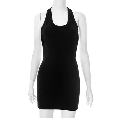 Woman Clothing Sleeveless Backless Solid Black Party Club Dress 2025 Summer Sexy Hollow Out Package Hip Mini Vacation Dresses