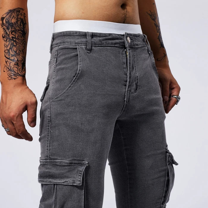 Street Elastic Jeans Men Denim Cargo Pants Wash Solid Color Multi Pockets Casual Mid Waist Trousers Slim Fit Daily Wear Joggers