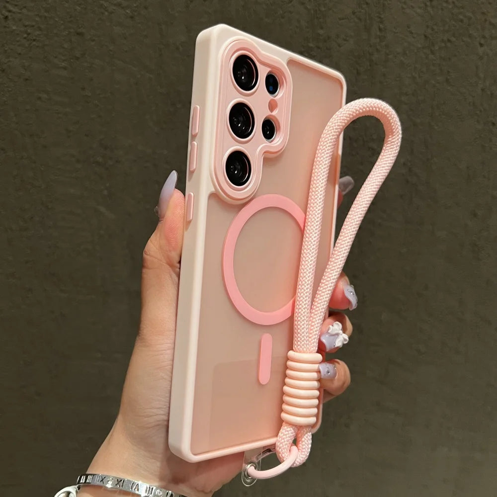 Wrist Strap Cord Magnetic Matte Translucent Armor Case For Samsung S25 Ultra S24 FE S23 Plus For Magsafe Wireless Charge Cover