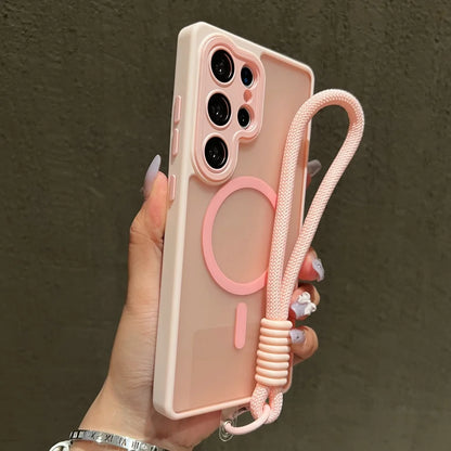 Wrist Strap Cord Magnetic Matte Translucent Armor Case For Samsung S25 Ultra S24 FE S23 Plus For Magsafe Wireless Charge Cover