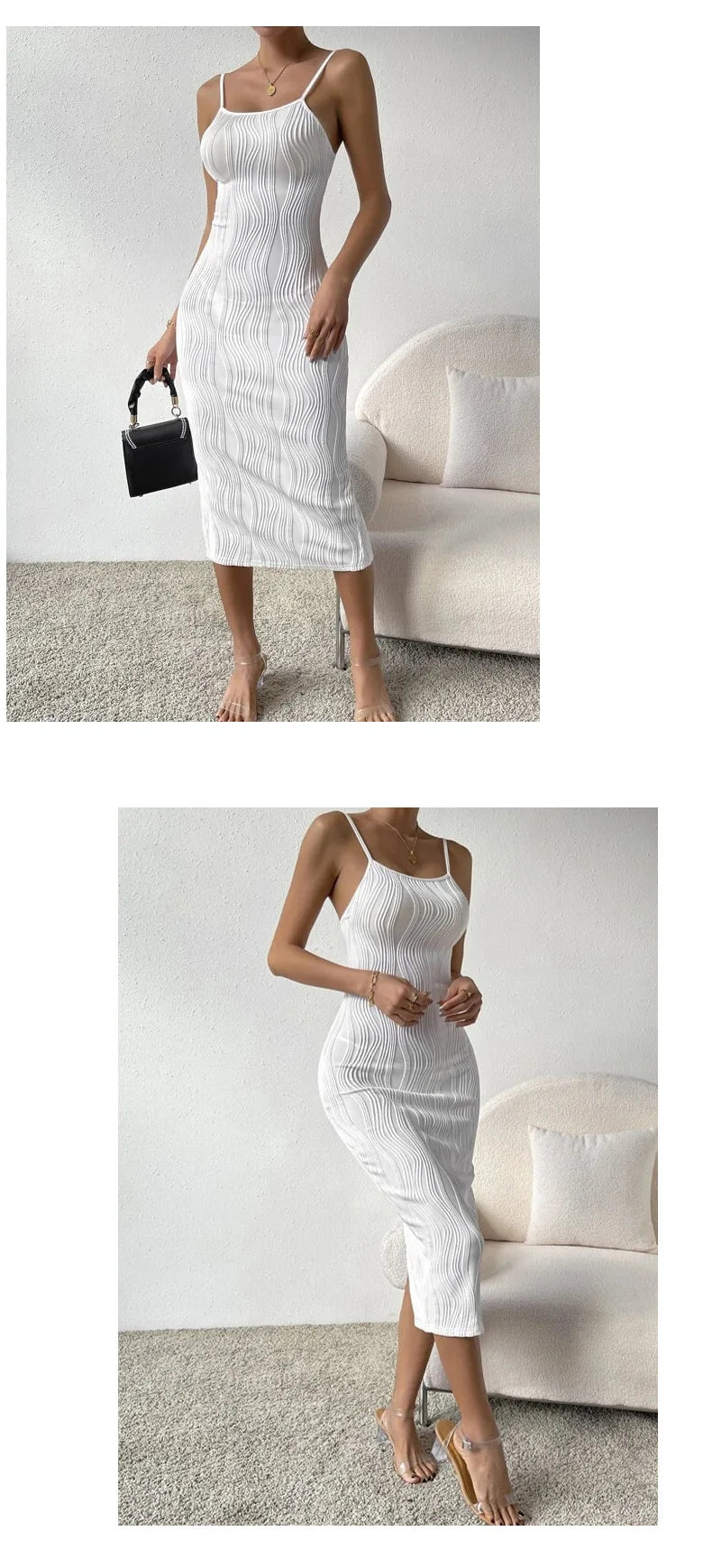 [You're My Secret]Summer Women Elegant Sexy Backless Square Collar Bodycon Club White Party Long Dress ure Color Sundress